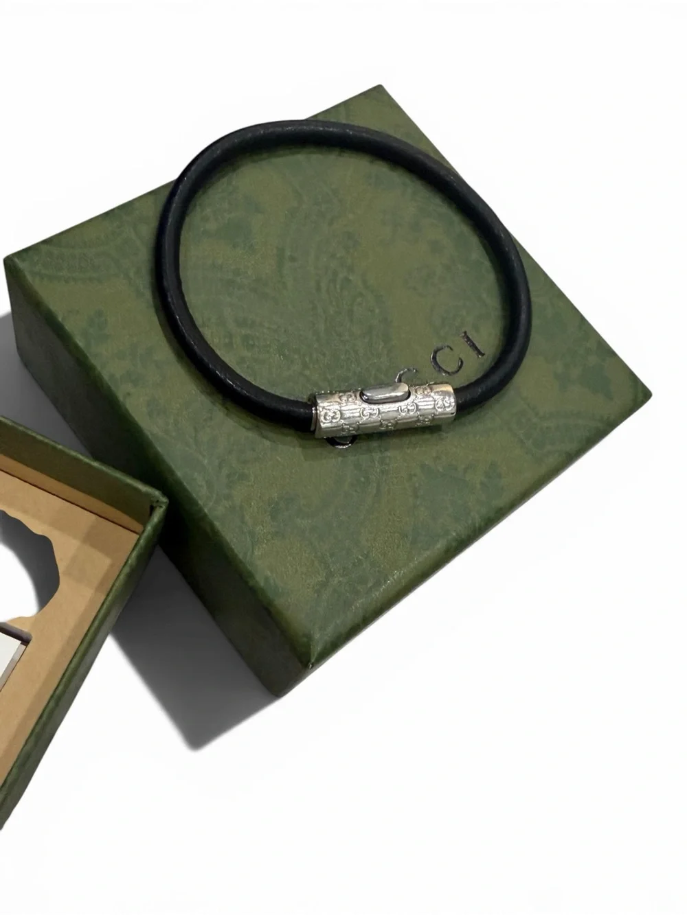 Gucci Black Leather Cord Bracelet with Engraved Silver-Tone Clasp